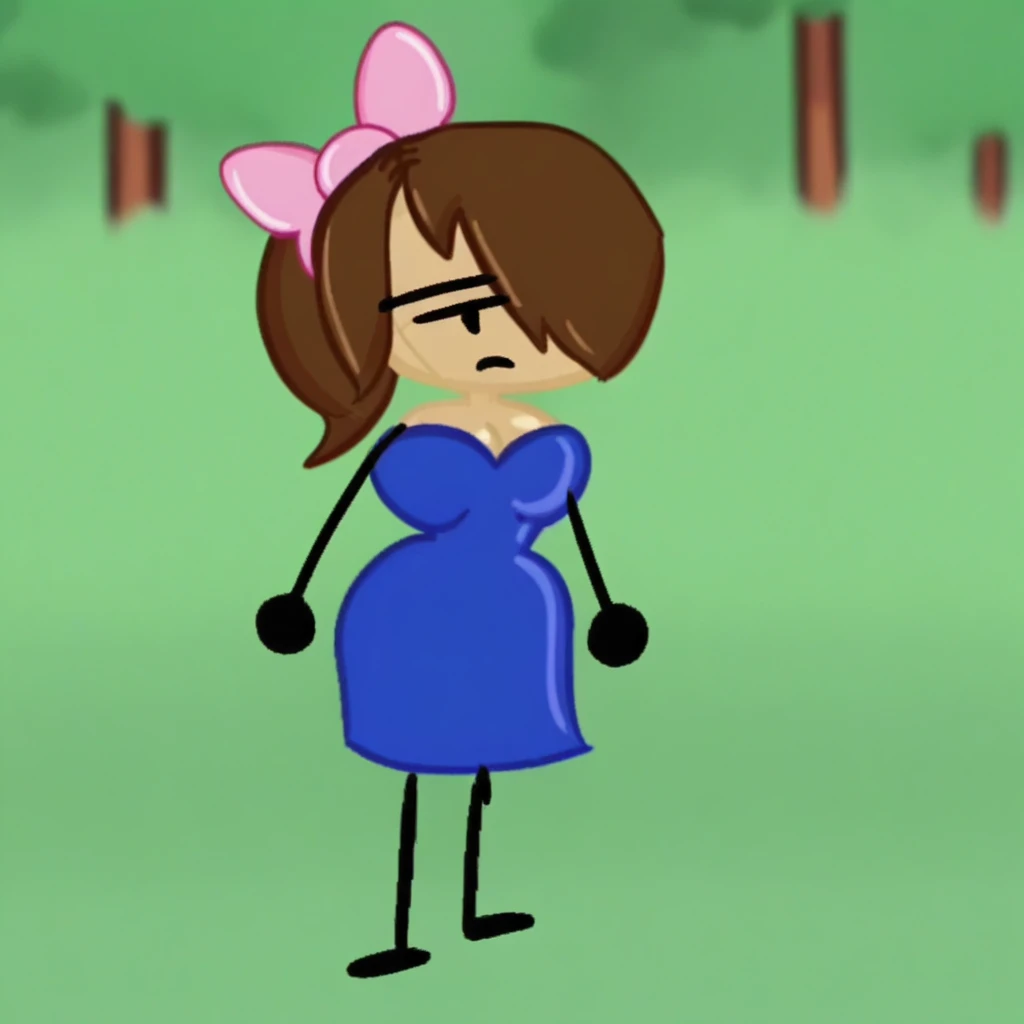 Brown Hair, Ponytail, Pink Hairbow, Blue Dress, Eyelashes, No Nose, Simple Eyes, Dot Eyes, One Eye Covered, 1girl, solo, standing