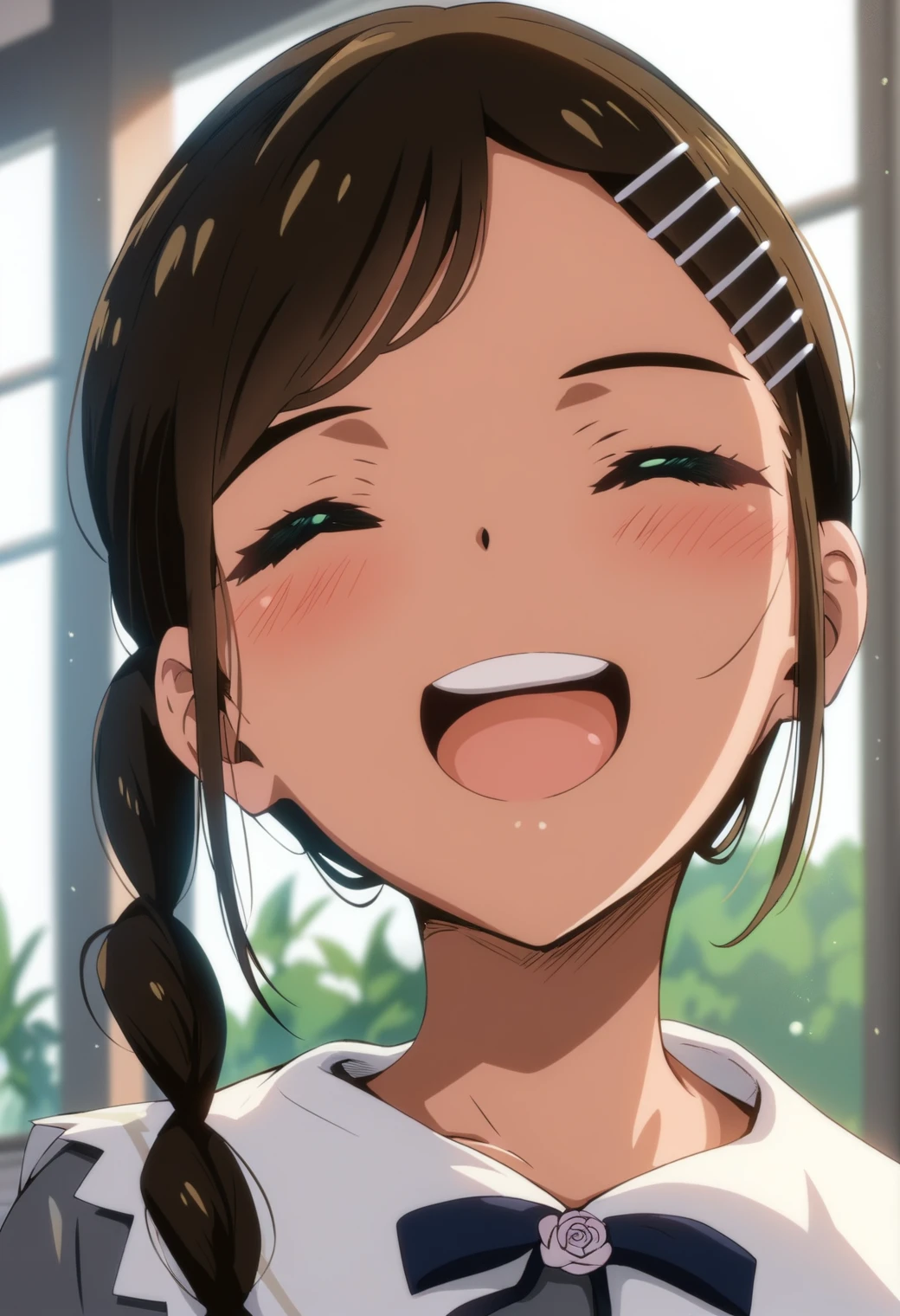 <lora:aonuma_neiru_ponyxl_lora_v1:1>, aonuma neiru, side braid, hairpin,
grey dress, collared dress, neck ribbon, blue ribbon, long sleeves,
open mouth, laughing, light blush, upper teeth only, closed eyes, close-up, smile, :d,
blurry background, indoors,
score_9, score_8_up, score_7_up, score_6_up, anime, (hara \(harayutaka\):0.5), (m-da s-tarou, asou \(asabu202\):0.5), high quality, detailed, beautiful, shiny, outstanding, countershading, detailed soft lighting