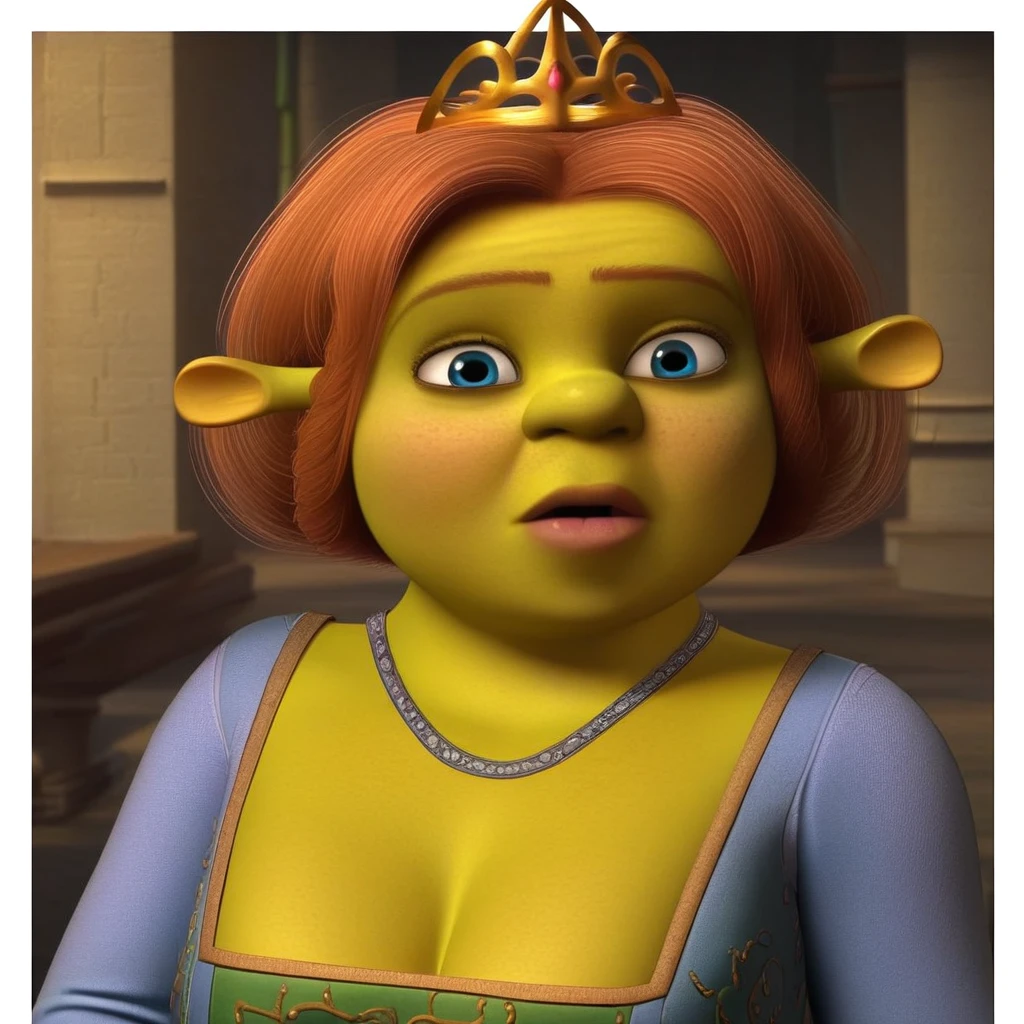 antenna ears, long sleeves, tiara on their head, green skin female, Fiona, slippers, blue dress, blue eyes, cleavage, ogre woman, large breast, necklace