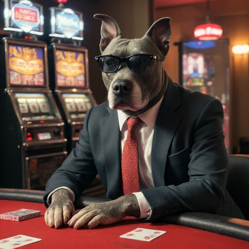 A surrealist painting of Malu Dog wearing a suit and tie with Rayban Wayfarer sunglasses while sitting at a casino poker table, slot machines in the background