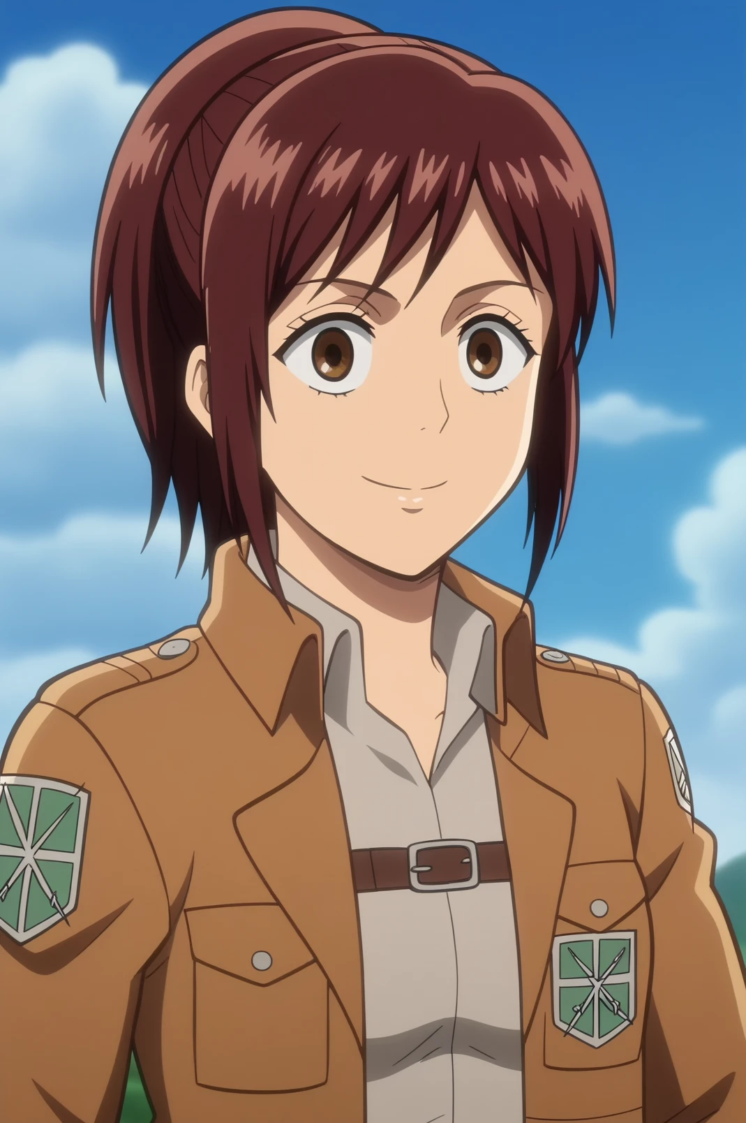 sasha braus,anime screencap,1girl,solo,cloud,sky,paradis military uniform,ponytail,jacket,emblem,survey corps,outdoors,smiling <lora:Sasha - PDXL2.safetensors:0.8>