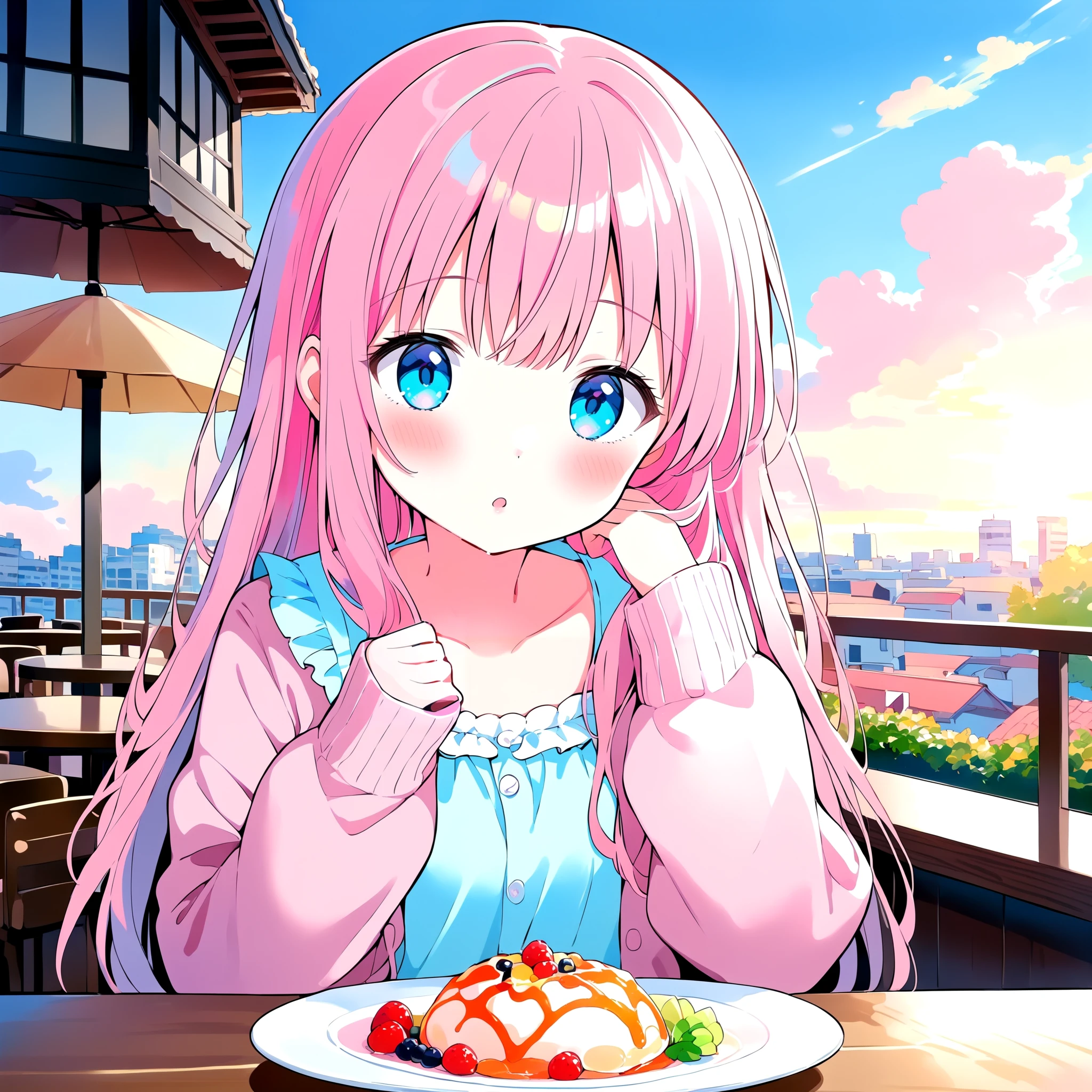 <lora:Gouache_SDXL:0.8>, 1girl, long sleeves, pink hair, blue eyes, day, sky, restaurant, pastel colors, Gouache