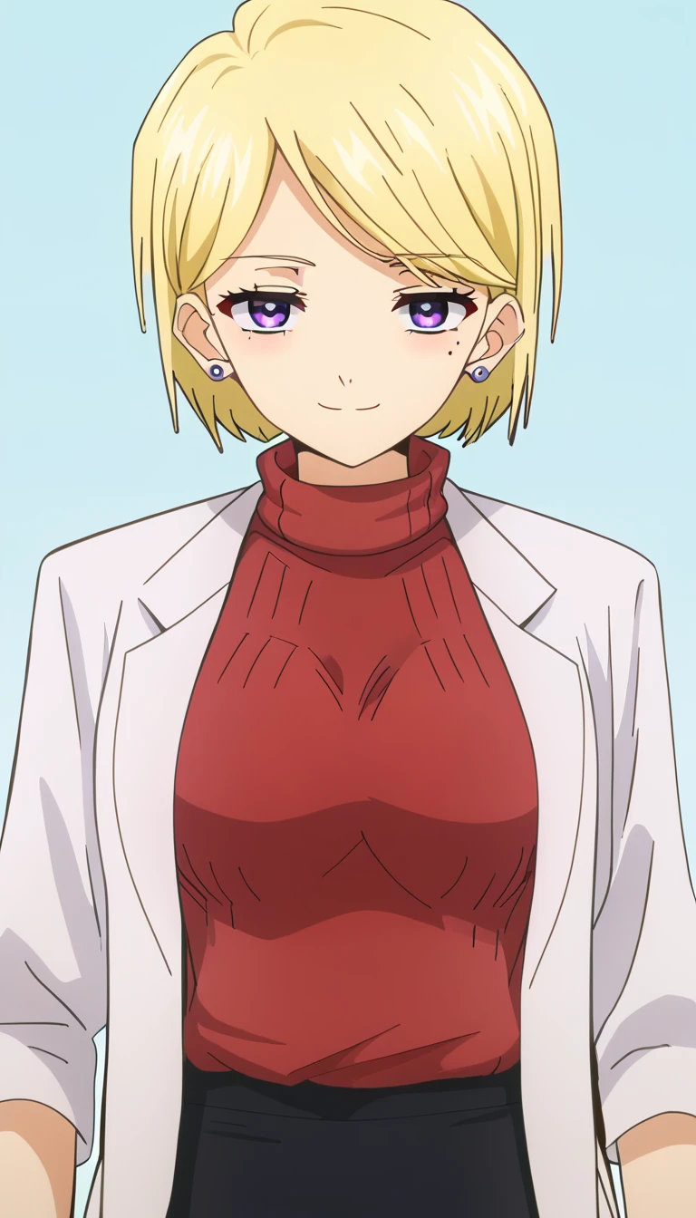 embedding:zPDXL2 ,source_anime,rating safe,looking at viewer,Yukari, 1girl, solo, lab coat, purple eyes,blonde hair, smile, sweater,red sweater, mole, mole under eye, medium breasts,turtleneck,stud earrings,pencil skirt,anime screenshot,