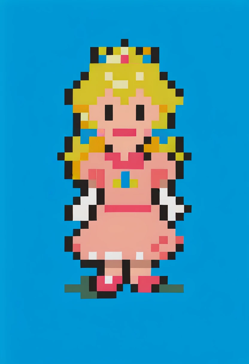 score_9, score_8_up, score_7_up, source_anime, 1girl, smile, <lora:EarthboundSpriteStyle-pdxl:1> pixel art, full body, standing, chibi, looking at viewer, blue background, princess peach, crown, blonde hair, pink dress, long hair, elbow gloves