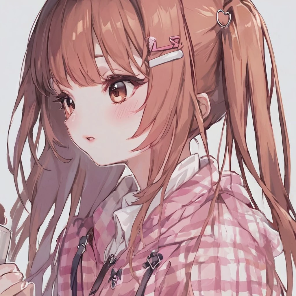 score_9, score_8_up, score_8, 
Create an image of a male character with long brown hair in twintails, dressed in a white jacket and pink plaid jacket, layered over a white shirt and a pink sweater. The character should have brown eyes, parted lips, and ashige bangs framing their face. They should be seen from the upper body, standing in a solo focus pose with an anime-inspired style.

Key points:
- Character: Female
- Hair: Very long brown hair in twintails, with ashige bangs and a hair ornament
- Outfit:
  - White jacket layered over a pink plaid jacket
  - White shirt and pink sweater visible
- Details:
  - Brown eyes, parted lips
  - Hair ornament and ribbon in hair
  - Anime-inspired style with blush
- Pose: Standing in a solo focus, facing away with back-to-back posture
- Accessories: Holding a cup of coffee with steam, wearing a scarf and hairclip
- Setting: White background with a heart-shaped hair ornament