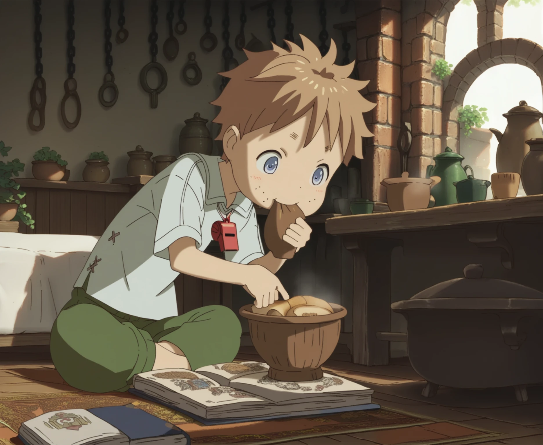 score_9, score_8_up, score_7_up, score_6_up, score_5_up, score_4_up, source_anime, close-up BREAK Mnat, red whistle, white shirt, green shorts, sitting, eating, holding bowl, soup, wooden floor, chains, stone window, day, bed, rug, table, chair, book, food, detailed background, clutter, dynamic, intricate <lora:Made In Abyss - CharactersXL v0.6b-000005:1> <lora:zy_Detailed_Backgrounds_v1:0.75>