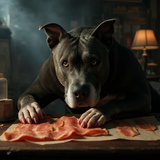 Cinematic still of Malu Dog dressed as a 1950s mafia crime boss, counting strips of bacon while sitting at a desk in a dark hideout, with long shadows, volumetric lighting, and smoke in the background