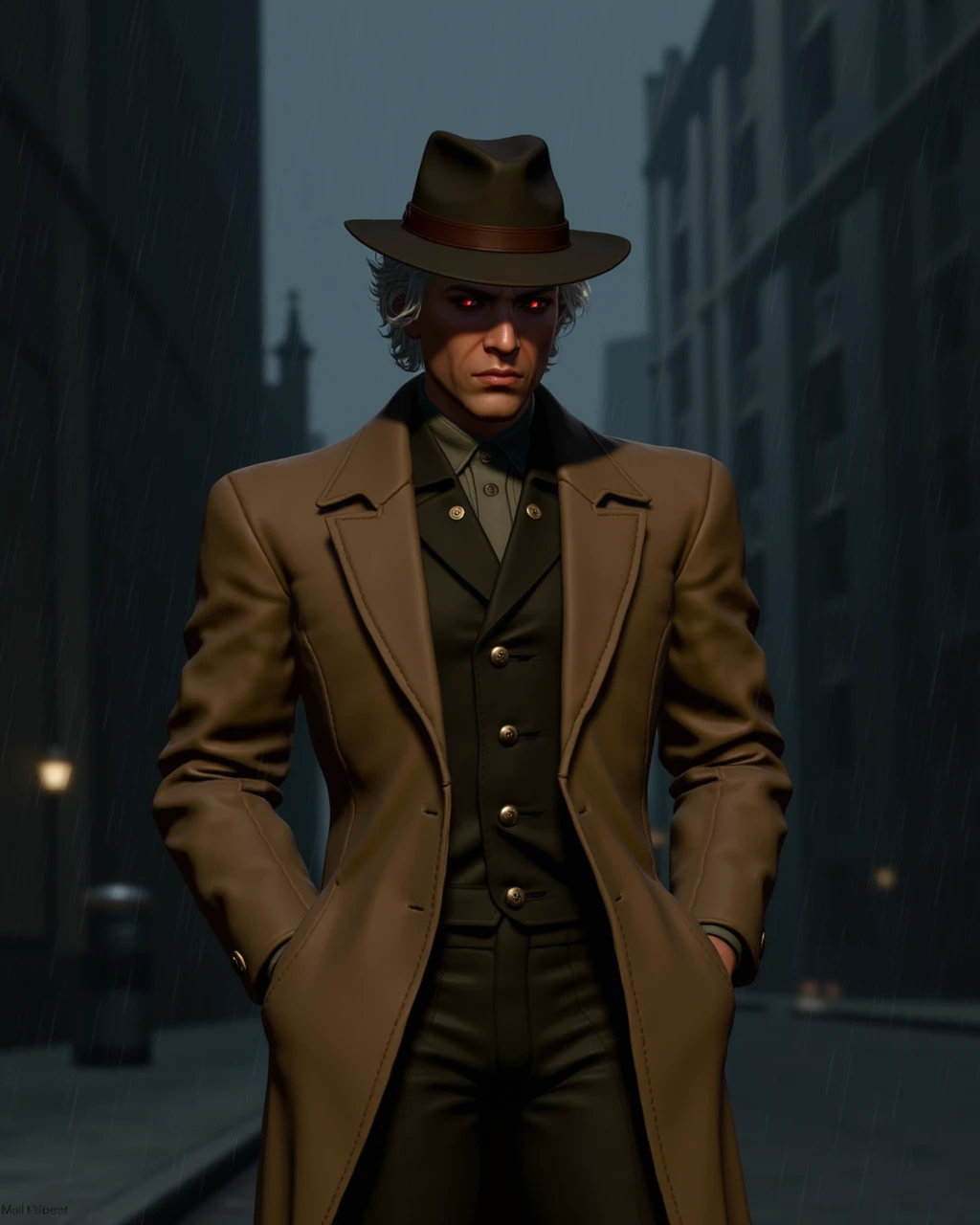 <lora:Astarion_Baldurs_Gate_3-000016:1>, BG3_Astarion wearing long tan trenchcoat and 1950s style fedora, looking at viewer, red eyes, hands in pockets, dark city in the rain, white hair