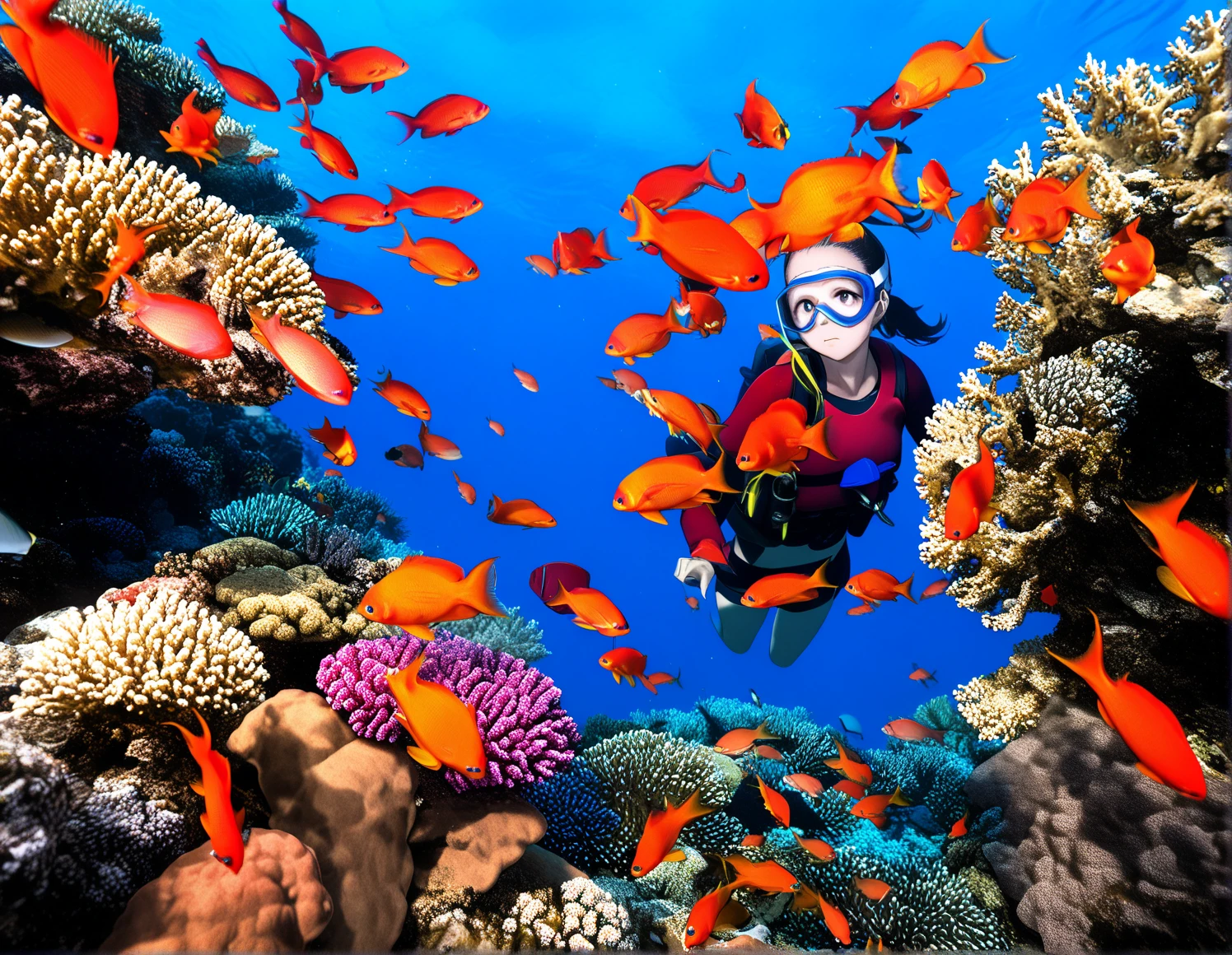 masterpiece, best quality, very aesthetic, absurdres, clownfish, 1girl, female snorkeling, swimming googles, coral, fish, underwear,  <lora:the_red_sea_animagineXLV31_v31_Lion_2100_v1.04:1>, closed mouth