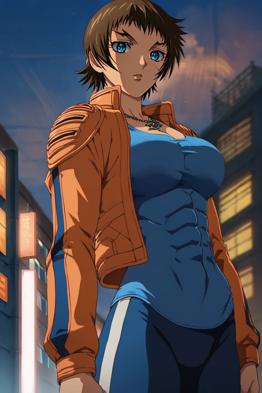 score_9, score_8_up, score_7_up, score_6_up, score_5_up, score_4_up, <lora:kugatachi_kaname_freya:1>, Kaname kugatachi, brown hair, blue eyes, scar, necklace, breast, abs, orange leather jacket, blue sleeveless shirt, tight shirt, blue leggings, 1girl, standing, alone, looking at the viewer, masterpiece, highres, highly detailed face, highly detailed shining eyes, symmetrical highly detailed eyes, entire body, legs, city background, sun, sunlight