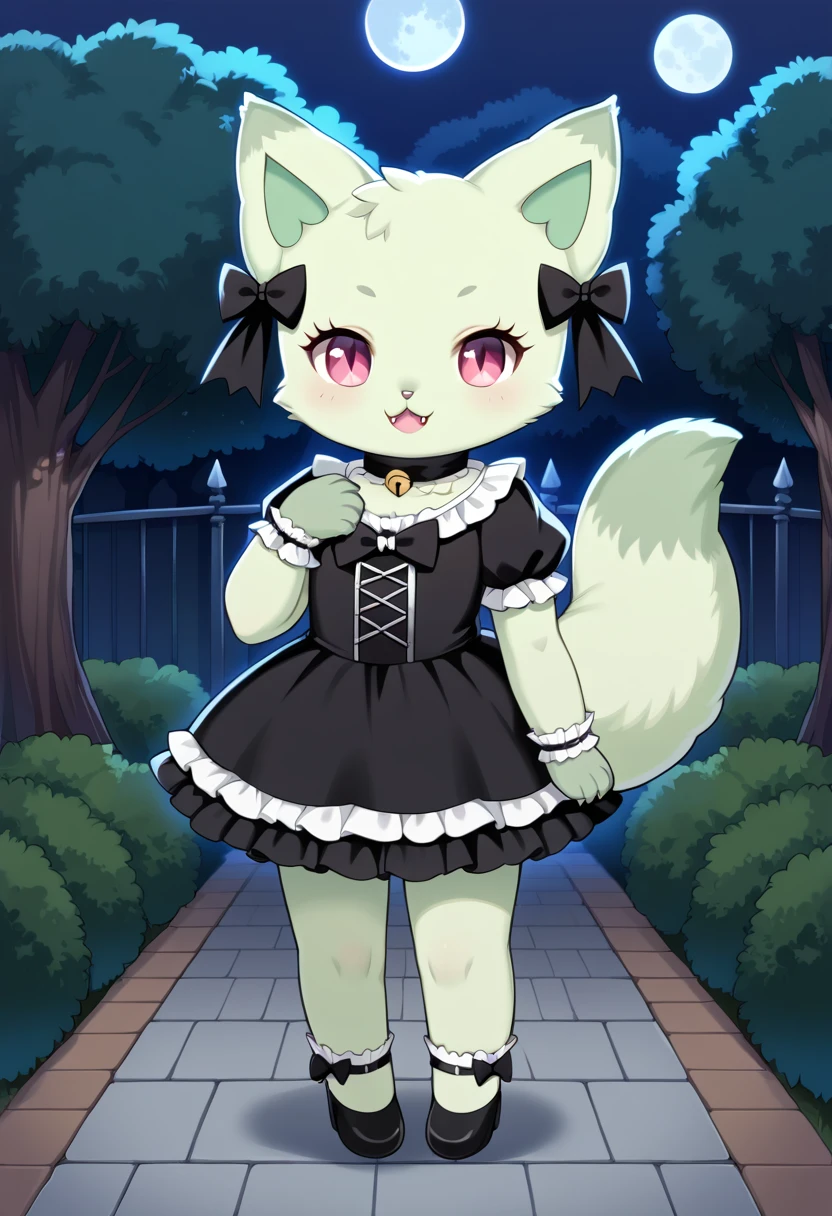 score_9, score_8_up, score_7_up, source_e621, Vampire_Emma, rating_safe, 1girl, solo, looking at viewer, smile, open mouth, bow (4 pcs), animal ears, tail, full body, hair bow (4 pcs), no humans, black bow, :3, cat, furry, furry female, pink eyes, fluffy tail, glowing eyes, fluffy, claws, no hair, green fur, park, moonlight, bloody moon, vampire lord dress, glowing eyes, darkness