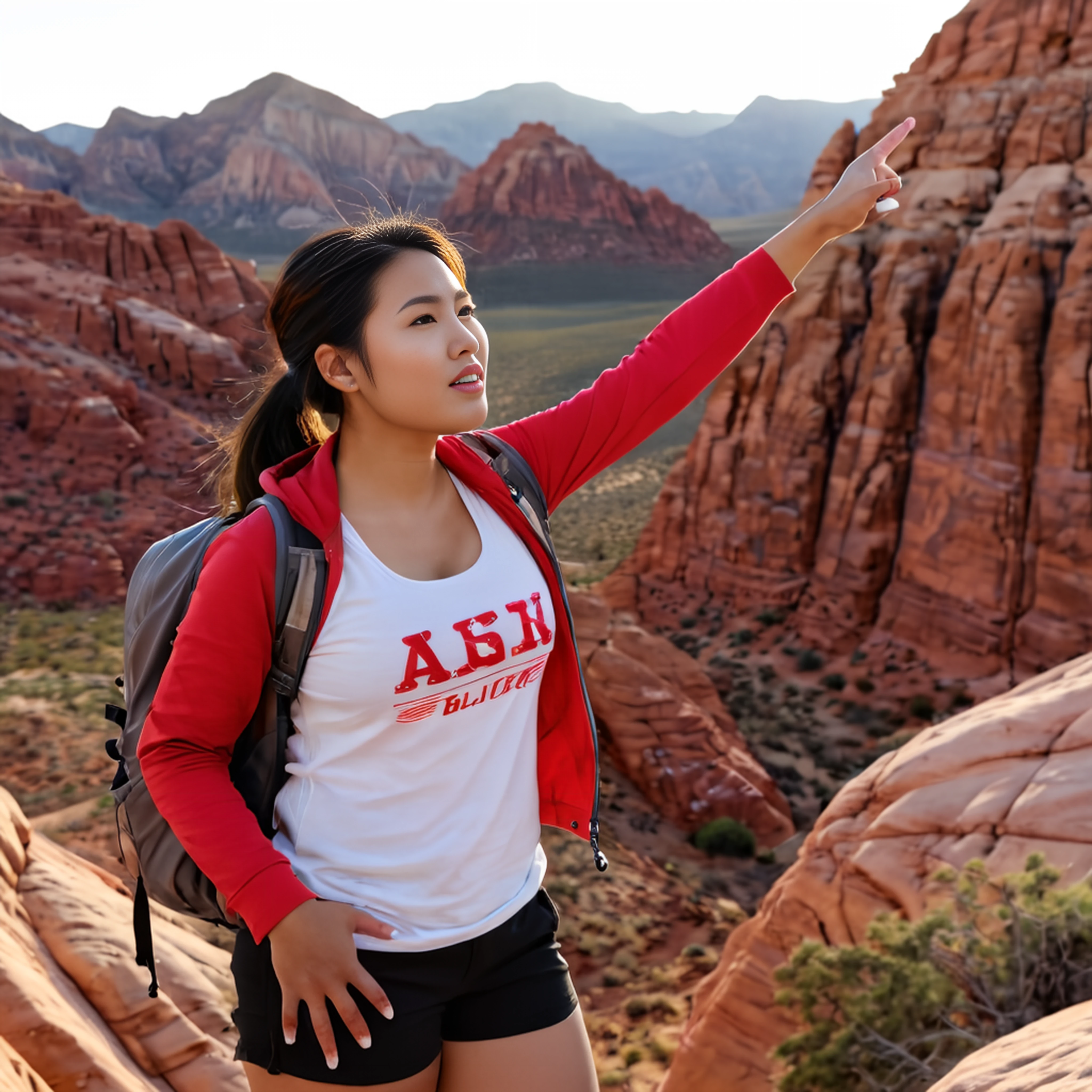 (film stock footage style,:1.2) (detailxl:1.2), cinematic shot of a 19 year old asian woman, (very slightly chubby:1.2), (wearing summer hiking clothes:1.1), (posing triumphantly on top of a cliff in the mojave desert:1.1), red rocks and sandy desert in the background, cinematic lighting <lora:Mojave_Desert_LoRAXL:0.75> <lora:skin texture style v4:0.45> <lora:real-humans-PublicPrompts:0.6>  <lora:detailxl:0.8>  <lora:Film Stock Footage Style:0.8>