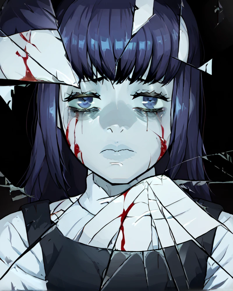 <lora:Meramera_Jealousy_ForPony:1> <lora:Broken_Glass_FORPONY:1> Broken glass, dark theme, 1girl, moody, bags under eyes, depressed, blood, scars, sad, lips, charming eyes, small tears