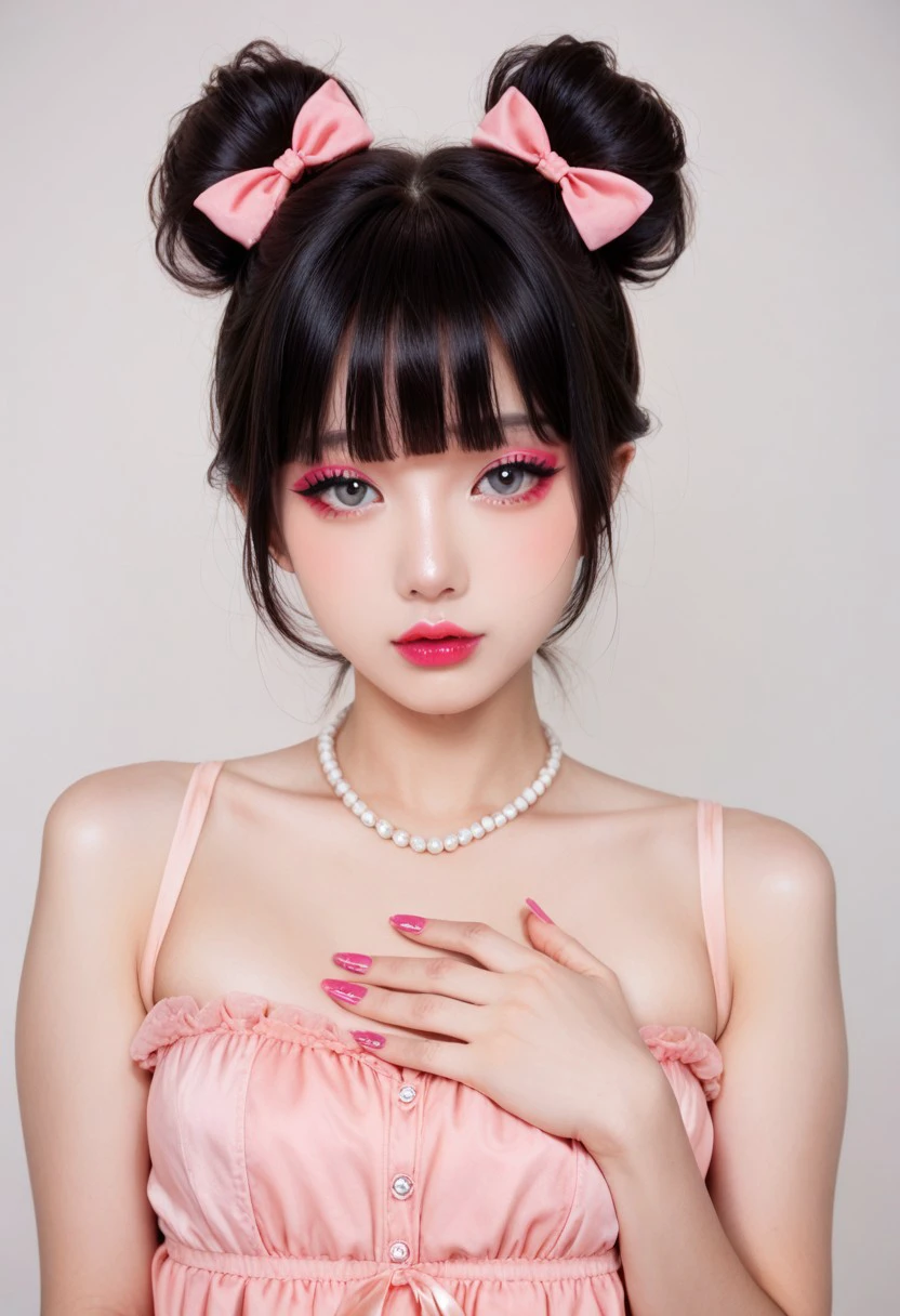 score_9, score_8_up, score_7_up,
ulzzang, ulzkawai, 1girl, solo, looking at viewer, short hair, bangs, simple background, black hair, dress, bow, bare shoulders, jewelry, upper body, hair bow, heart, sleeveless, blunt bangs, necklace, hair bun, nail polish, lips, fingernails, grey eyes, eyelashes, double bun, makeup, lipstick, pink bow, hand on own chest, pink dress, pink nails, realistic, pearl necklace, nail art