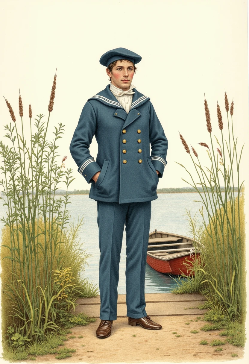 Charming Victorian watercolor painting, by Kate Greenaway. Features man in a blue sailor's outfit, and matching hat. He stands in on the pier surrounded by tall rushes and greenery, there is a rowboat in the water next to the pier.