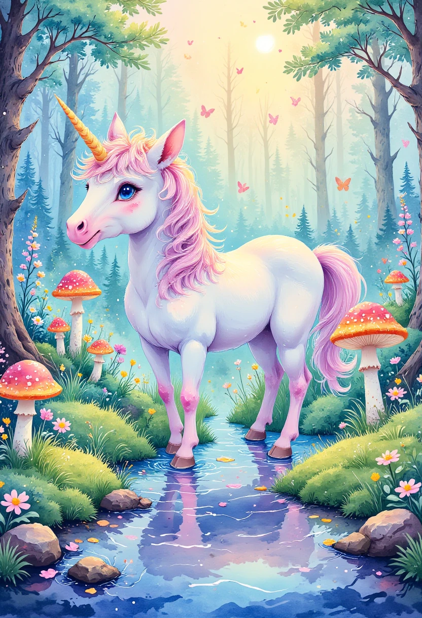 watercolor painting,A baby unicorn drinking from a sparkling stream in a whimsical woodland setting, complete with toadstools and mushrooms