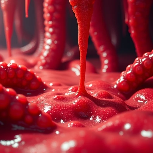 guro, blurry background, no humans, red slime, tentaclebath, traditional media, slime (substance), teeth, realistic, shiny clothes, slimebath, science fiction, depth of field, dripping