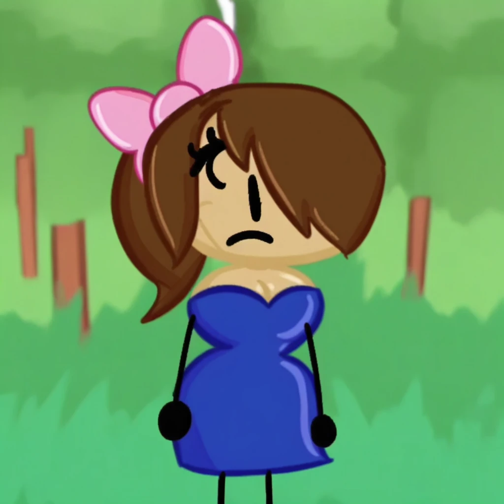 Brown Hair, Ponytail, Pink Hairbow, Blue Dress, Eyelashes, No Nose, Simple Eyes, Dot Eyes, One Eye Covered, 1girl, solo, standing