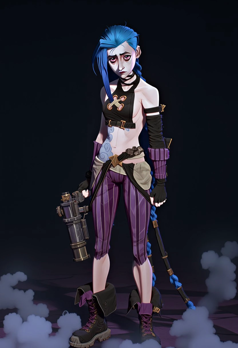 Jinx from Arcane standing in an the Underground City, holding her Pow-Pow minigun low due to its weight and size. It rests below her waist and is held up mostly by the strap over her shoulder. She has a determined expression, with her tattoos visible and her punk-style outfit, including a cropped top and combat boots. The environment is dark and gritty, with steam rising from the ground. Her wild eyes are lit up with a shade of purple color. Arcane style animation, dark and moody image, blue hair, braids, striped shorts, boots, tattoos, wild eyes, Pow-Pow minigun, chaotic