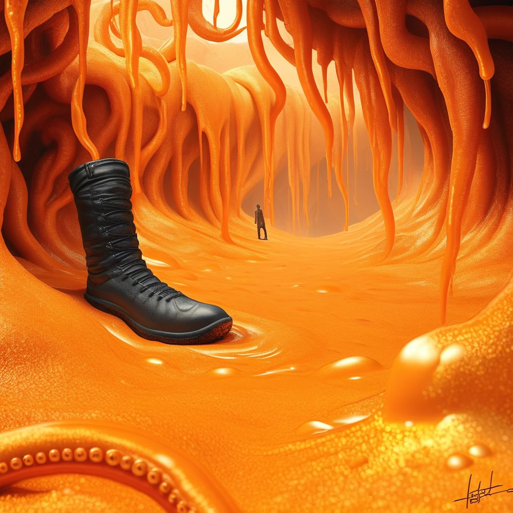 mask, tentacles, hentai, realistic, solo, orange theme, scenery, pants, black footwear, vivid colors, beads, signature, melting, golden slime, desert