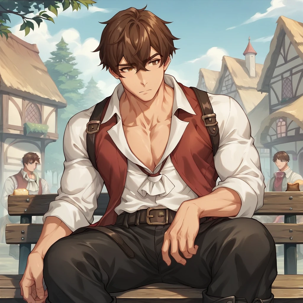 <lora:Casserole:1> score_9, score_8_up,score_7_up, 1boy, muscular, casserole, brown hair, bangs, hair between eyes, brown eyes, pectoral cleavage, collarbone, open shirt, white shirt, red vest, ascot, black pants, leather boots, sitting over wooden bench, medieval village background