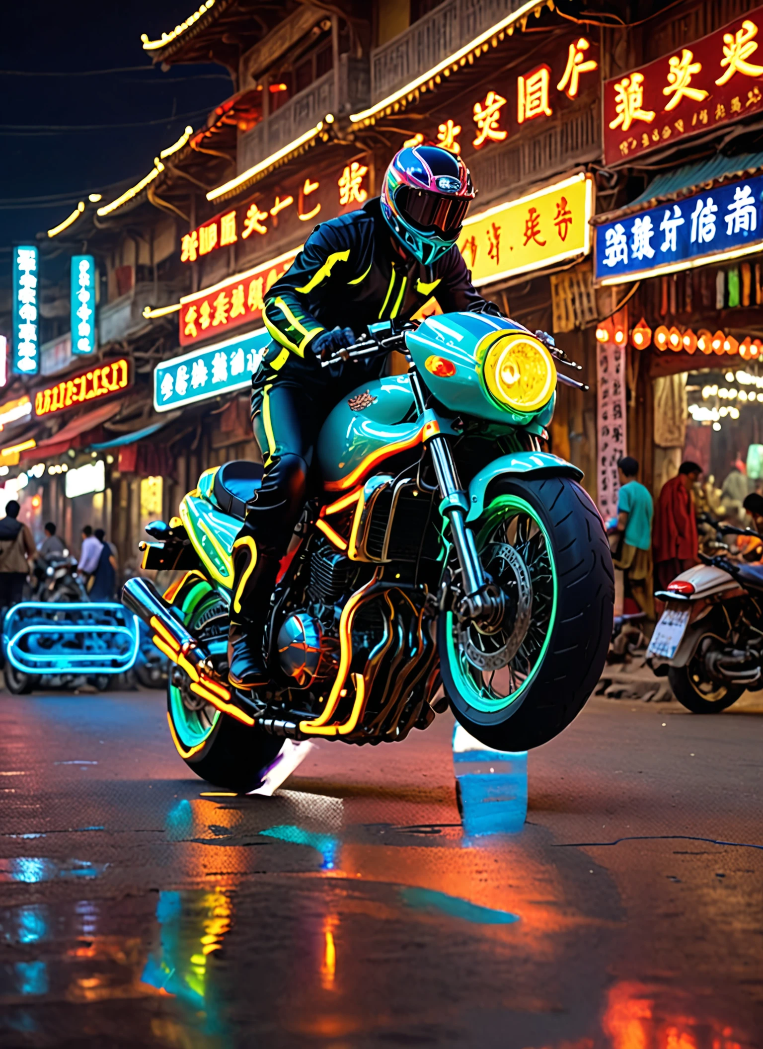 ftsbk motorbike neon, feeling of speed, reflection, full body view, Historical Silk Road Markets background <lora:Futuristic Superbike XL:1>