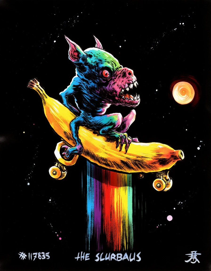 <lora:ink_monsters_v2:1.8> kimholm style (chameleon monster:0.2) riding a banana with wheels over a rainbow, dark background, epic masterpiece