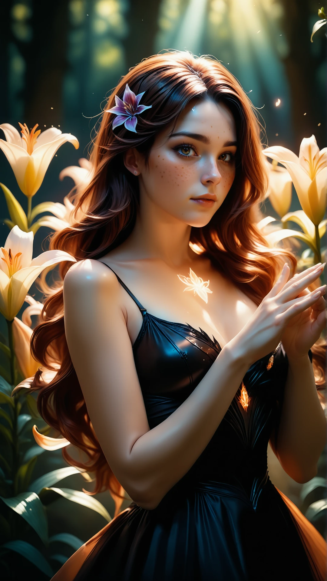 brown hair, soft freckles, long hair, magical forrest, infront o the picture is a glowing lily, orange glow flows from the lily, the woman is wearing a gothic dress detailed with raven feathers, film gain, dynamic angle, focus on flower, as if magically attracted to it, she stretches out her hand towards the magical flower, magic surrounds the flower everywhere and the light of the picture comes purely from the lily, everything around it is dark and is only illuminated by the lily, casting shadows the woman's face and body, front view, bokeh, reij-clrfl <lora:reij-colorfulartstyleSDXL-000006:0.9>, close up, empty dance floor