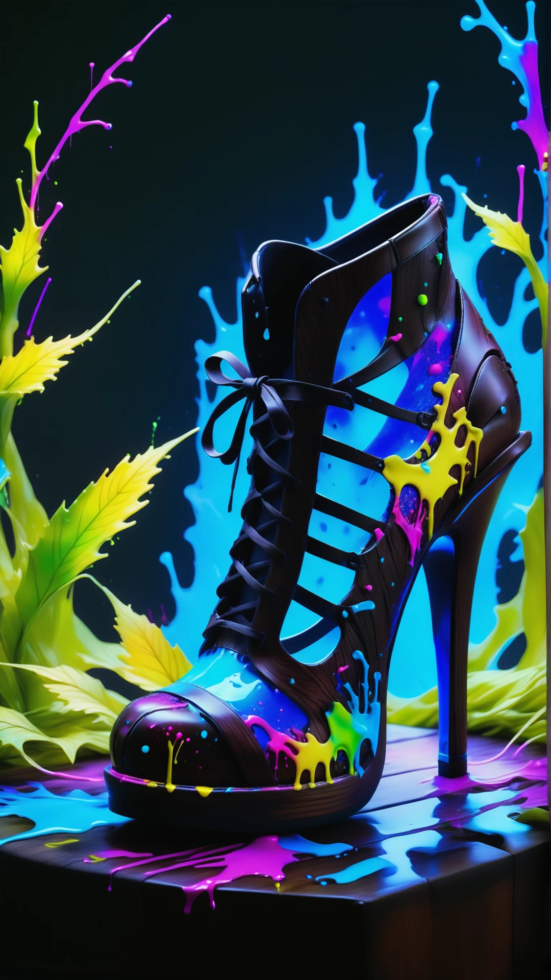 a Haute Couture shoe made out of reij-bnysplsh <lora:ebonysplash-000005:1>, Tattoo ink of a masterpiece, landscape of a Verdant Fields of the Harvest Festival, digital manipulation, flowing, highly decorated, intense, ambient atmosphere, stunning, reij-clrfl <lora:reij-colorfulartstyleSDXL-000006:0.7>,