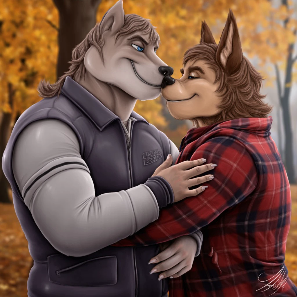 A anthropomorphic male wolf licking another wolf's erect penis