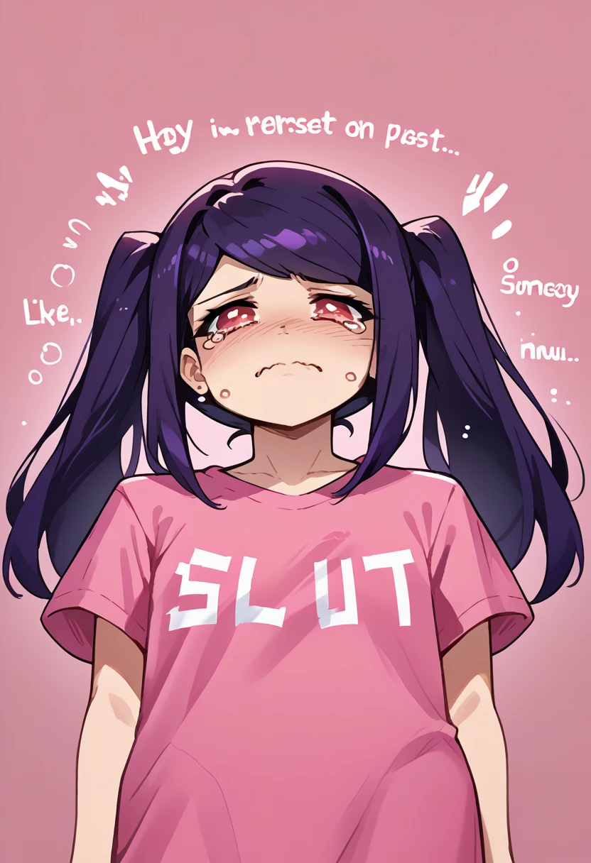 score_9, score_8_up, score_7_up, source_anime, 
<lora:wrenchJillStingrayVallhallaMulti-000009:1>, defjill, long hair, twintails, purple hair, red eyes, sidelocks, swept bangs, 
t-shirt, clothes writing, pink shirt, no pants, 
<lora:SesieldCry_pdxl_Incrs_v1:1>, IncrsSesCry, chibi, tears, crying,