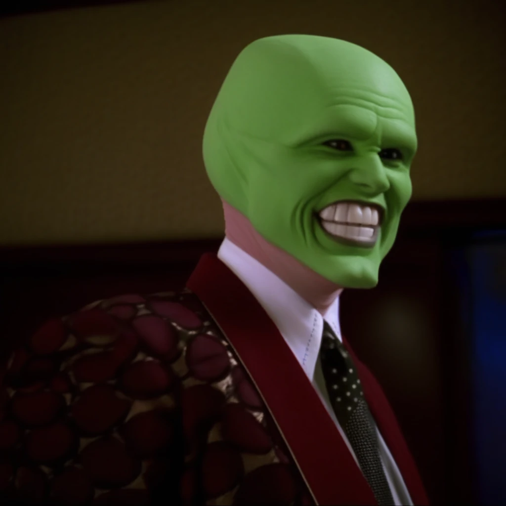 cinematic film still of jim carrey the mask in a black suit sticking his head out of a window of a black car, grin, teeth, (bowl cut hair:1.2) <lora:jim carrey the mask:1.2>