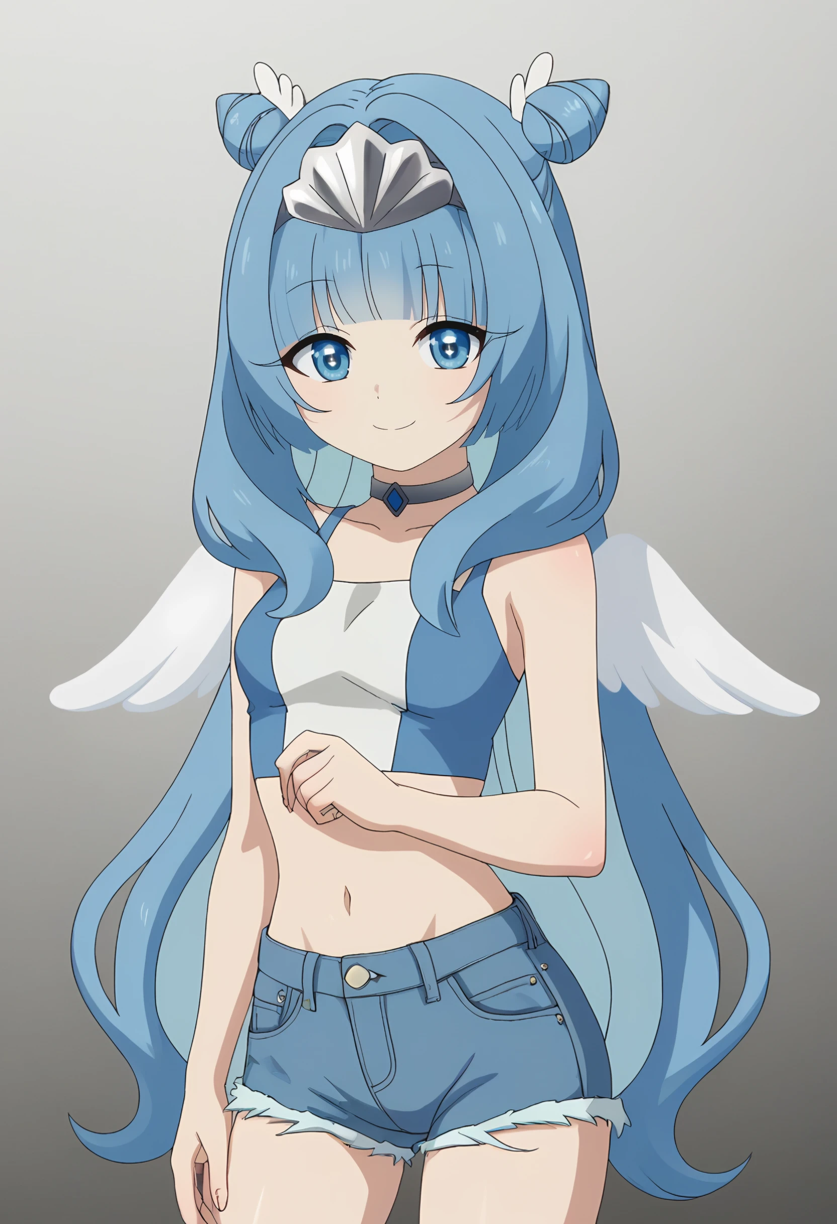 Sylphy,  1girl, blue eyes, blue hair,  long hair, wings,double bun,   hair bun, solo ,      looking at viewer, smile, <lora:Sylphy2:0.9> <lora:denim_shorts_501_v0.3-pony:0.8> denim shorts, crop top