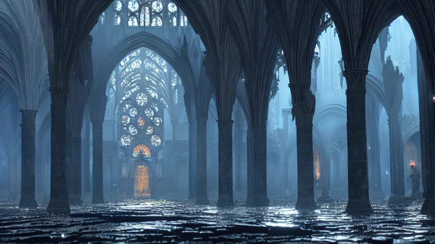 DESR , a dark gothic cathedral under heavy rain, beautiful, detailed, <lora:DES_SD15_V2-08:1>