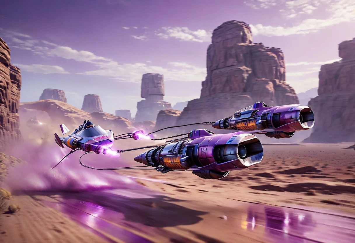 analog gloomy photo of a podracing, racing down a  desert, outrun, purple sky, High Detail, Sharp focus, ((photorealism)), realistic, best quality, 8k, award winning, dramatic lighting, epic, cinematic, masterpiece, podracing, cyberpunk, best quality, highly detailed, water background, futuristic, complex,