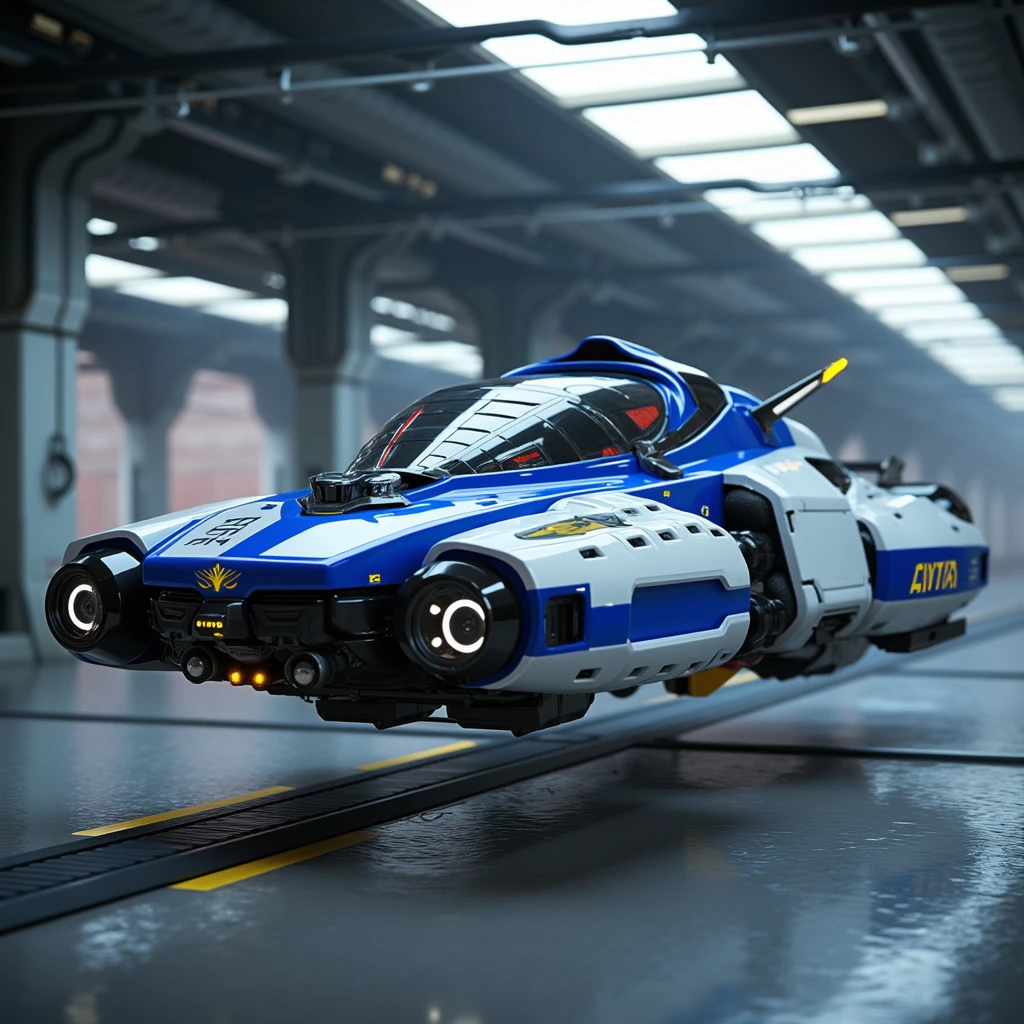 agvf1, a hover craft in a futuristic garage, cyberpunk, hovering, decal text on vehicle reads "CIVITAI", hovering, BLUE and WHITE, wings,chrome, decal of a yellow bee, decals of lightning bolts, clear and concise text

visual style: Ensure the overall visual style is consistent with photorealism, slight motion blur,light filmgrain, depth of field, gritty cybernetic world,