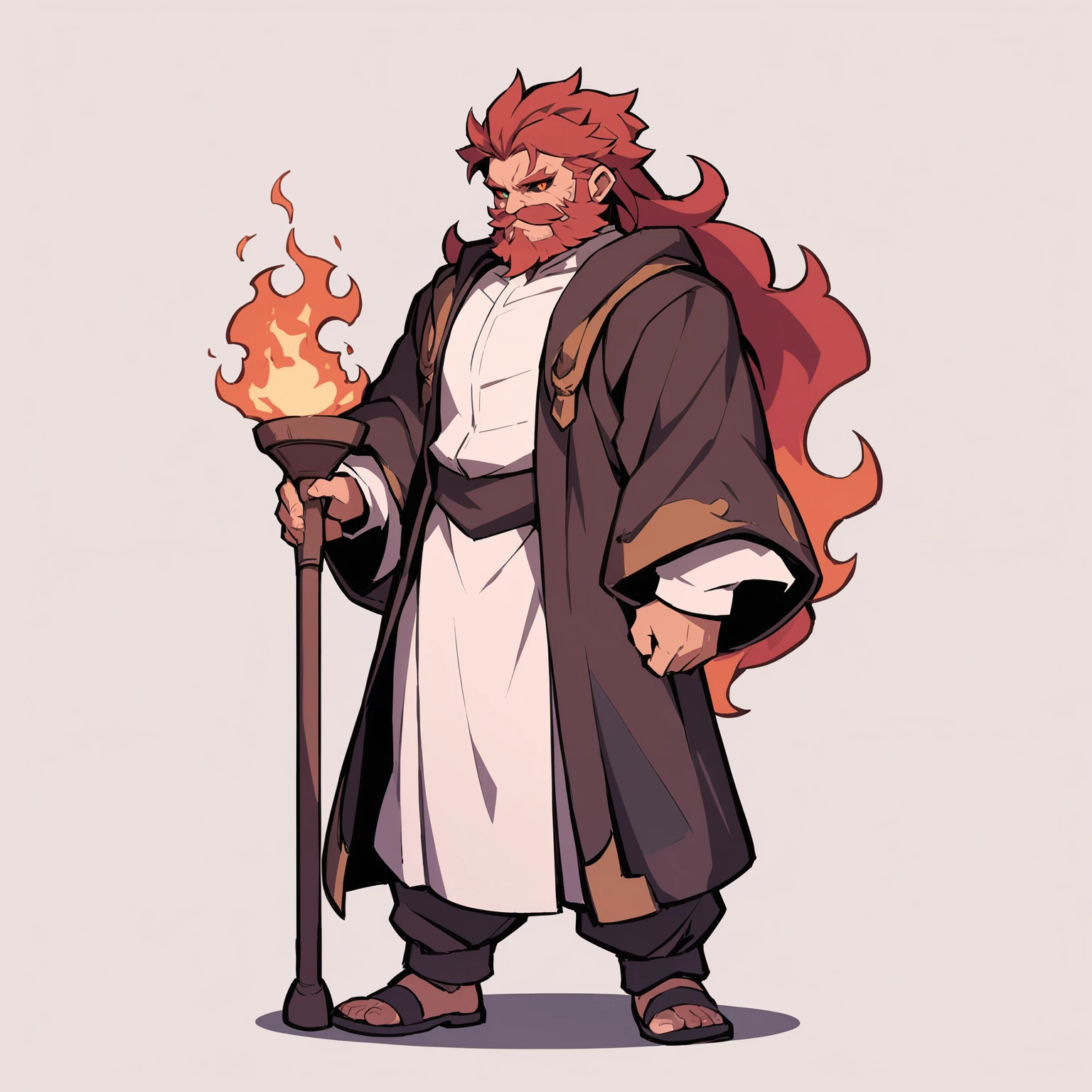 <lora:w234_juese:0.8>,w233,solo,1boy, solo, male_focus, red_hair, facial_hair, beard, robe, fire, colored_sclera, simple_background, full_body, long_sleeves, standing