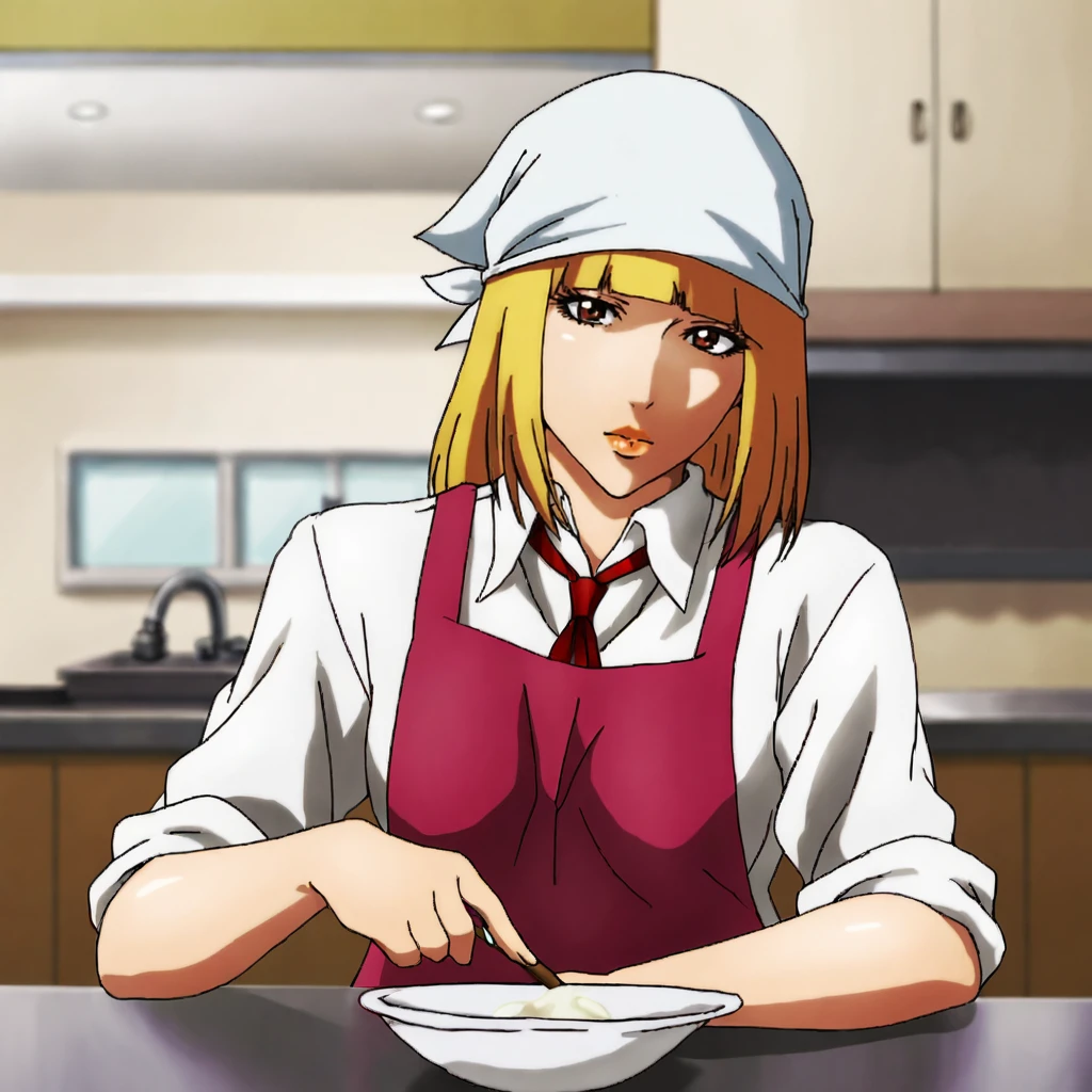 <lora:hanaprisonschool_pony_v1:.8> hanaCookprisonschool, 1 girl, solo, apron, blonde hair, brown eyes, blunt bangs,, lips, school uniform, cowboy shot