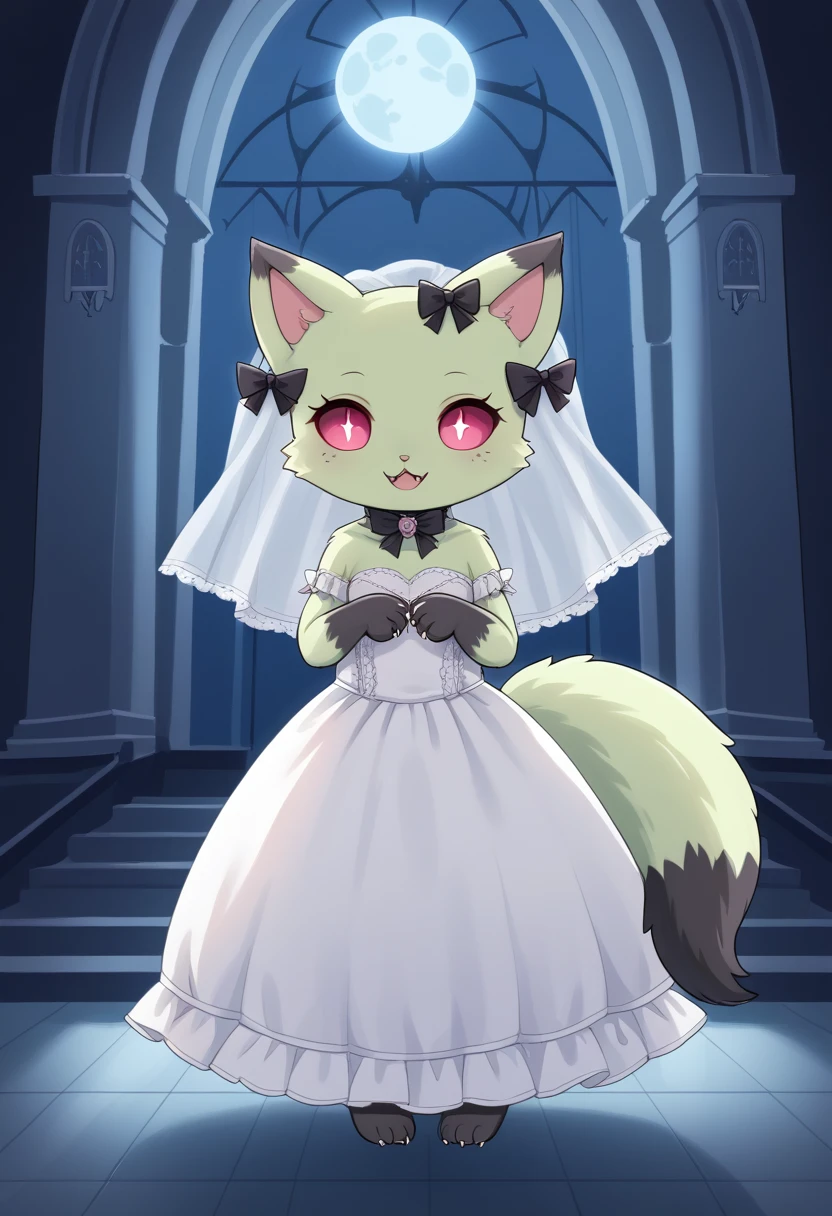 score_9, score_8_up, score_7_up, source_e621, Vampire_Emma, 1girl, solo, looking at viewer, smile, open mouth, bow (4 pcs), animal ears, tail, full body, hair bow (4 pcs), no humans, black bow, :3, cat, furry, furry female, pink eyes, fluffy tail, moonlight, full moon, glowing eyes, fluffy, claws, green fur, no hair, black fur, church, wedding dress, wedding veil