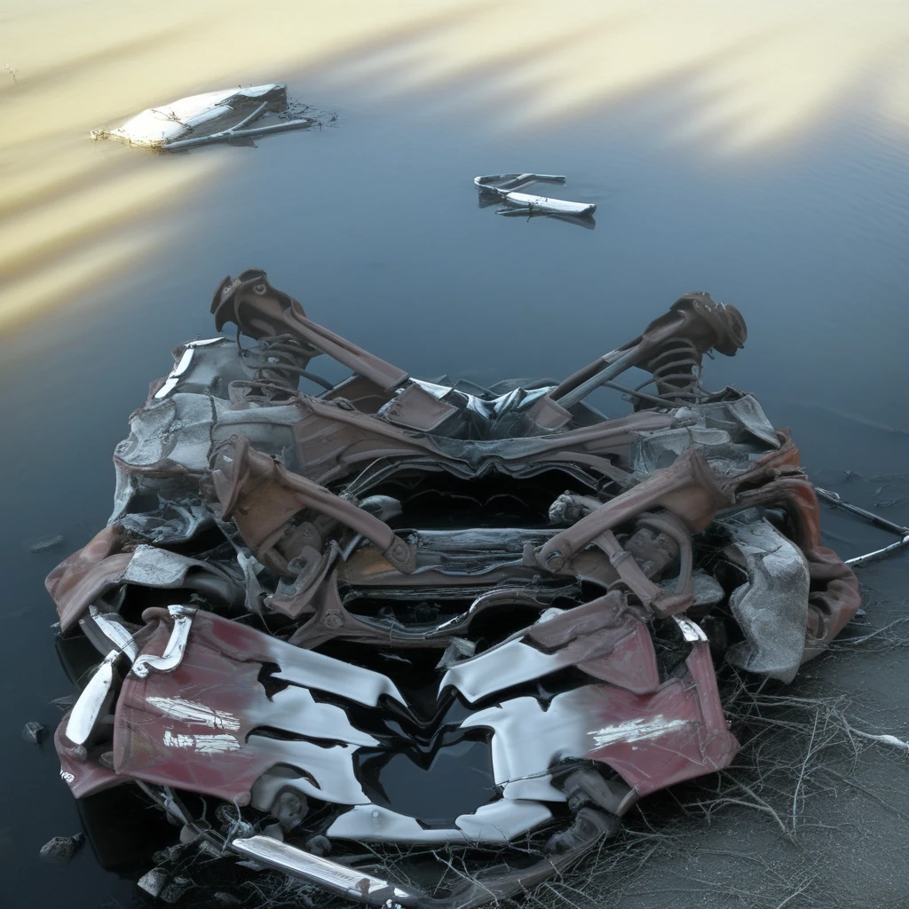 wrecked car, water, shadow