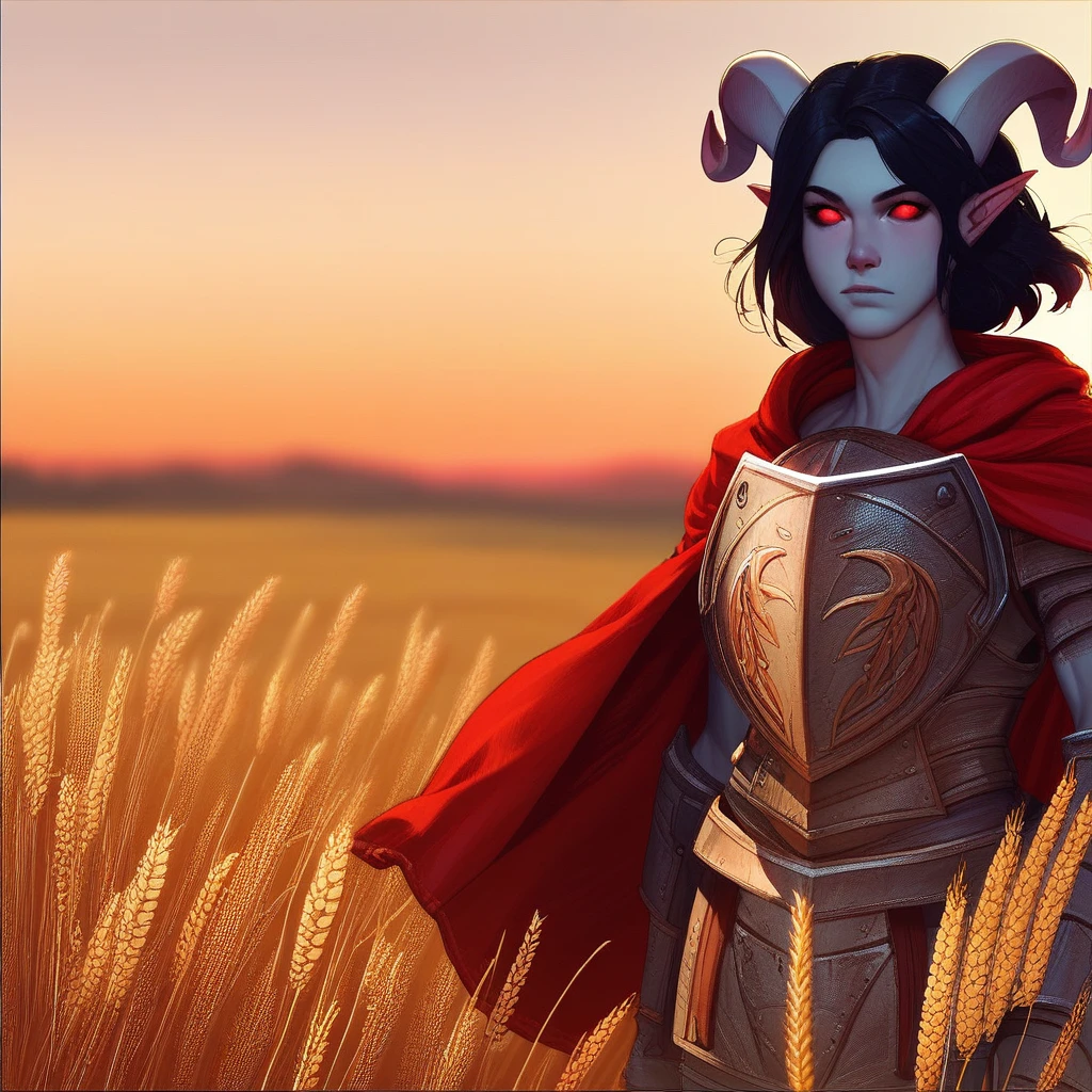 (((beautiful, high quality))), score_9, score_8_up, score_7_up,  easynegative, Spartan armor, red cloak, shield, Tiefling, pointed ears, horns, colored sclera, 1 girl, gray skin, red eyes, black hair, muscles, wheat field, sunset, looking into the distance, hair in the wind, looking at the viewer, posing, blurred background,