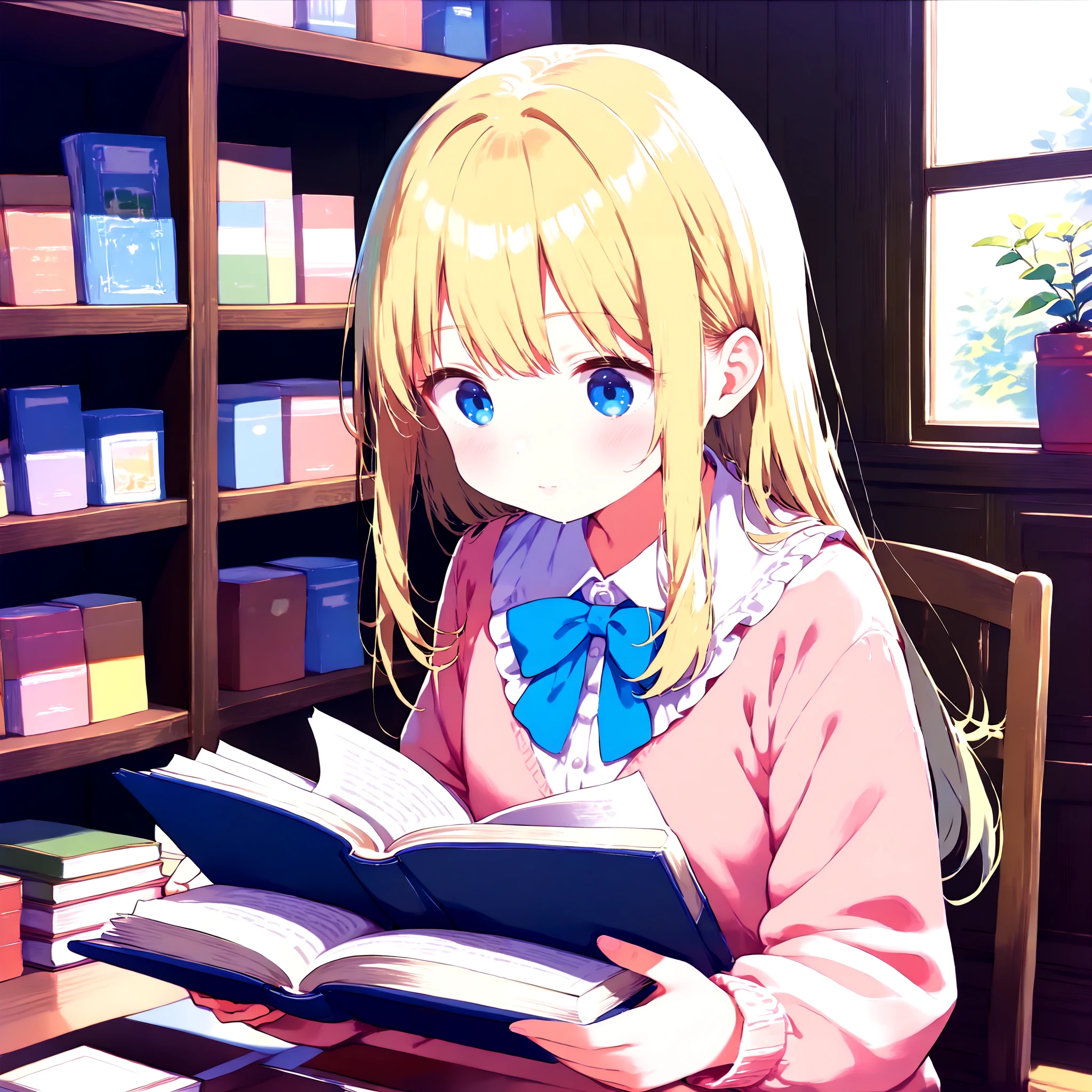 <lora:Gouache_SDXL:0.8>, 1girl, long sleeves, blond hair, blue eyes, reading book, indoors, pastel colors, Gouache, (thick_outlines:-0.9)