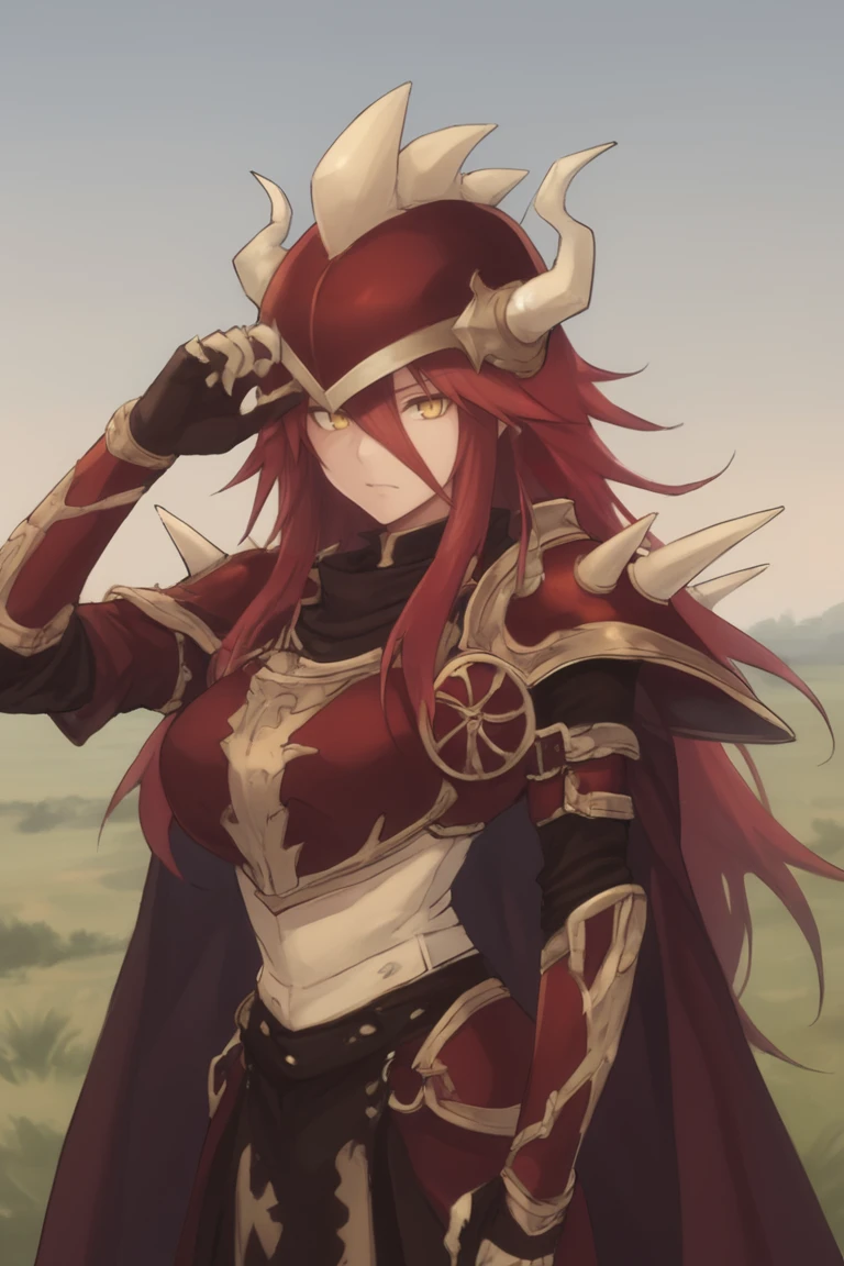 score_9, score_8_up, score_7_up, score_6_up, source_anime, BREAK, <lora:Gulcasa-000012:0.7> , guldef, (1boy), red hair, long hair, hair between eyes, yellow eyes, (armor), full armor, spikes, shoulder armor, one eye covered, horned helmet, spiked helmet, horned headwear, shoulder spikes, cape, red cape, pauldrons, gauntlets, (cowboy shot), looking at viewer, smile, closed mouth, <lora:zy_Detailed_Backgrounds_v1:0.3> , detailed background, highly detailed, outdoor, river, meadow, plains, <lora:OldAnimeStyle_PonyXL:0.6> , Vintage, 1990s \(style\),