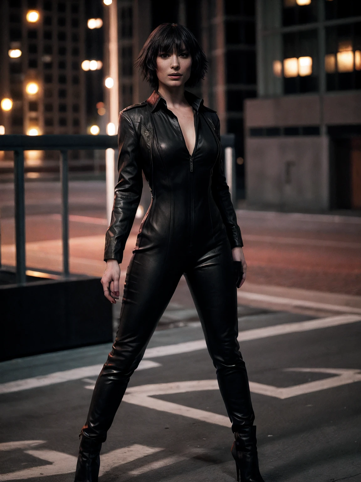 dmc5lady, catsuit, urban, night,<lora:dmc5lady:1>