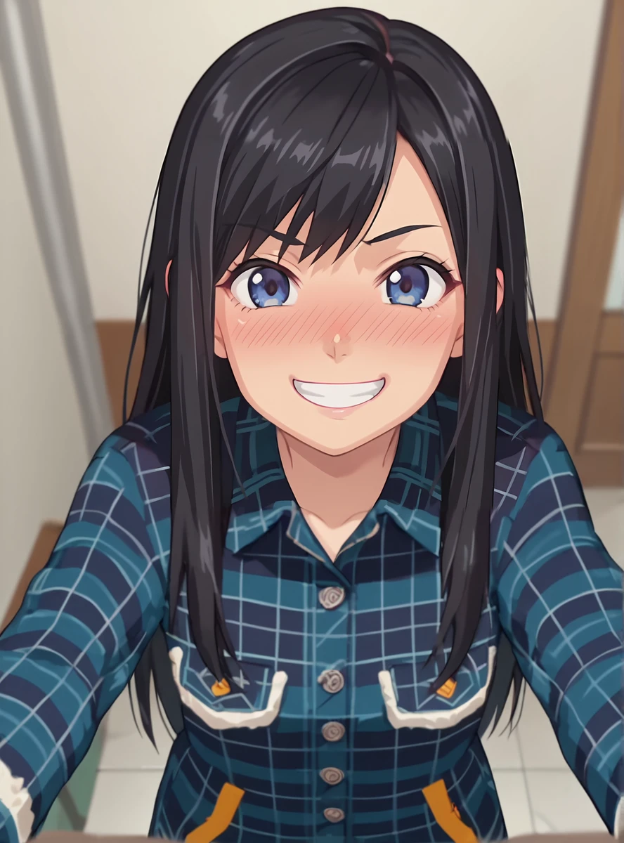 score_9, score_8_up, score_7_up, score_6_up,source_anime, (anime screencap:1.2)anime coloring,   <lora:Mezool_OOO:0.7>mezool, long hair, black hair,, blue eyes,plaid,jacket, indoors ,  nose blush, pov, evil grin,  outstretched arms,  evil smile, partially shaded face, from above,