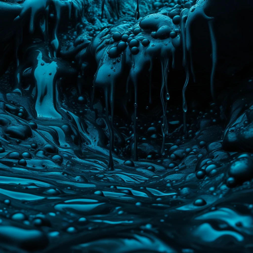 water drop, from side, black hair, 1boy, blue theme, eldritch abomination, slime (substance), looking at viewer, beads, black, waterfall, profile, rock