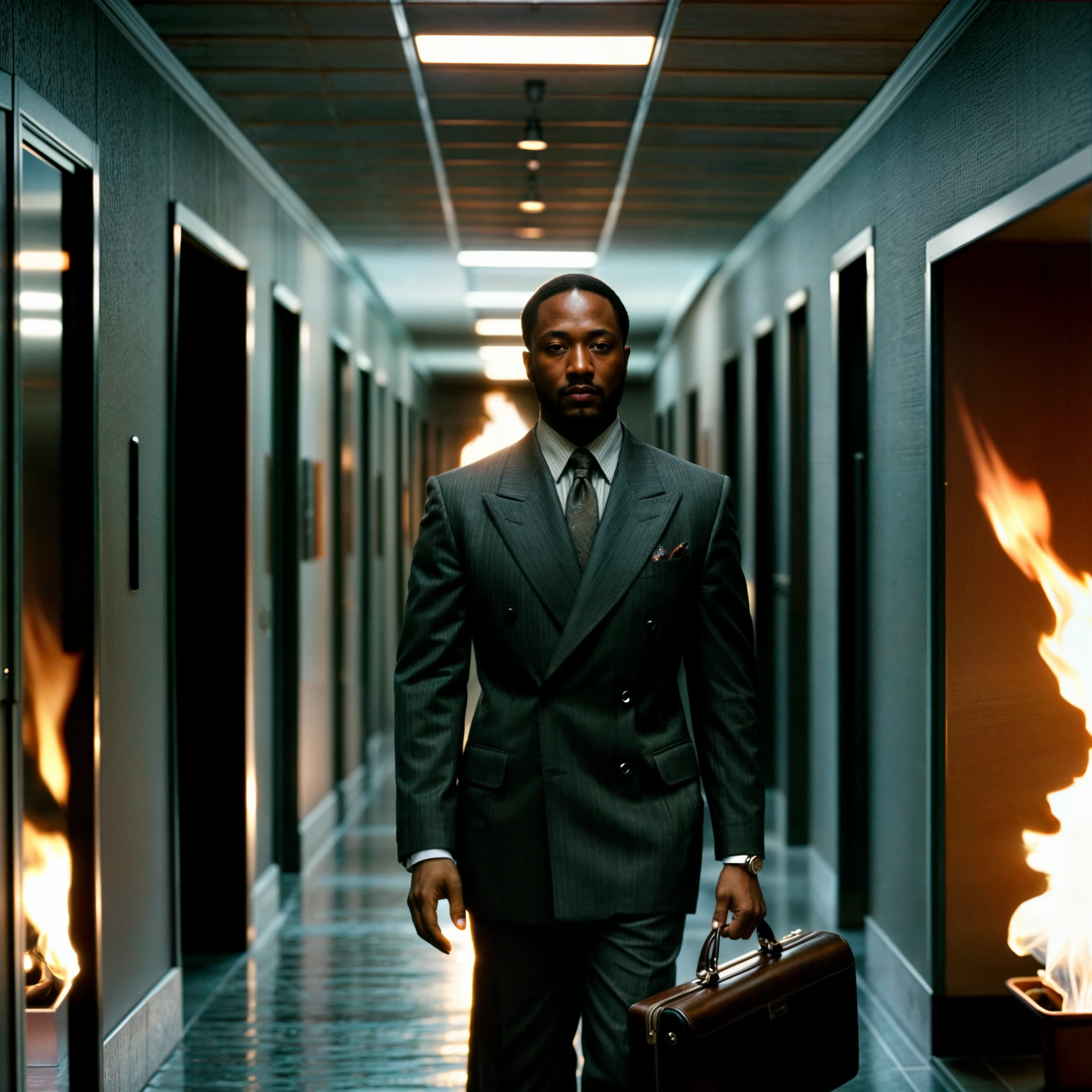  a man in a suit walking in a hallway with flames on the walls.