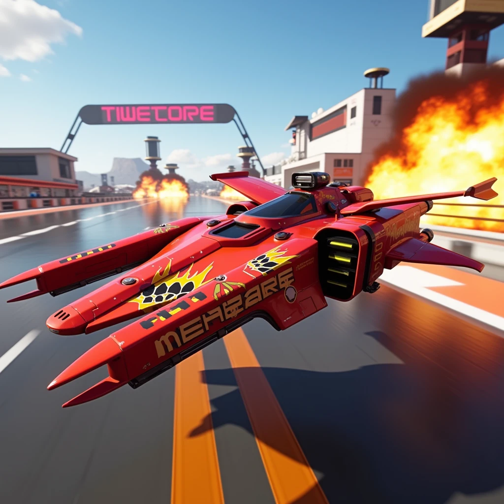 agvf1, a hover craft in a futuristic racetrack with explosions in background, cyberpunk, hovering, decal text on vehicle reads "the menace", hovering, red paint, the side of the hover craft features an decal image flames, clear and concise text, colorful, cannons, wings, jet engine, sleek futuristic design, reflections, 

visual style: Ensure the overall visual style is consistent with photorealism, slight motion blur,light filmgrain, depth of field, gritty cybernetic world,