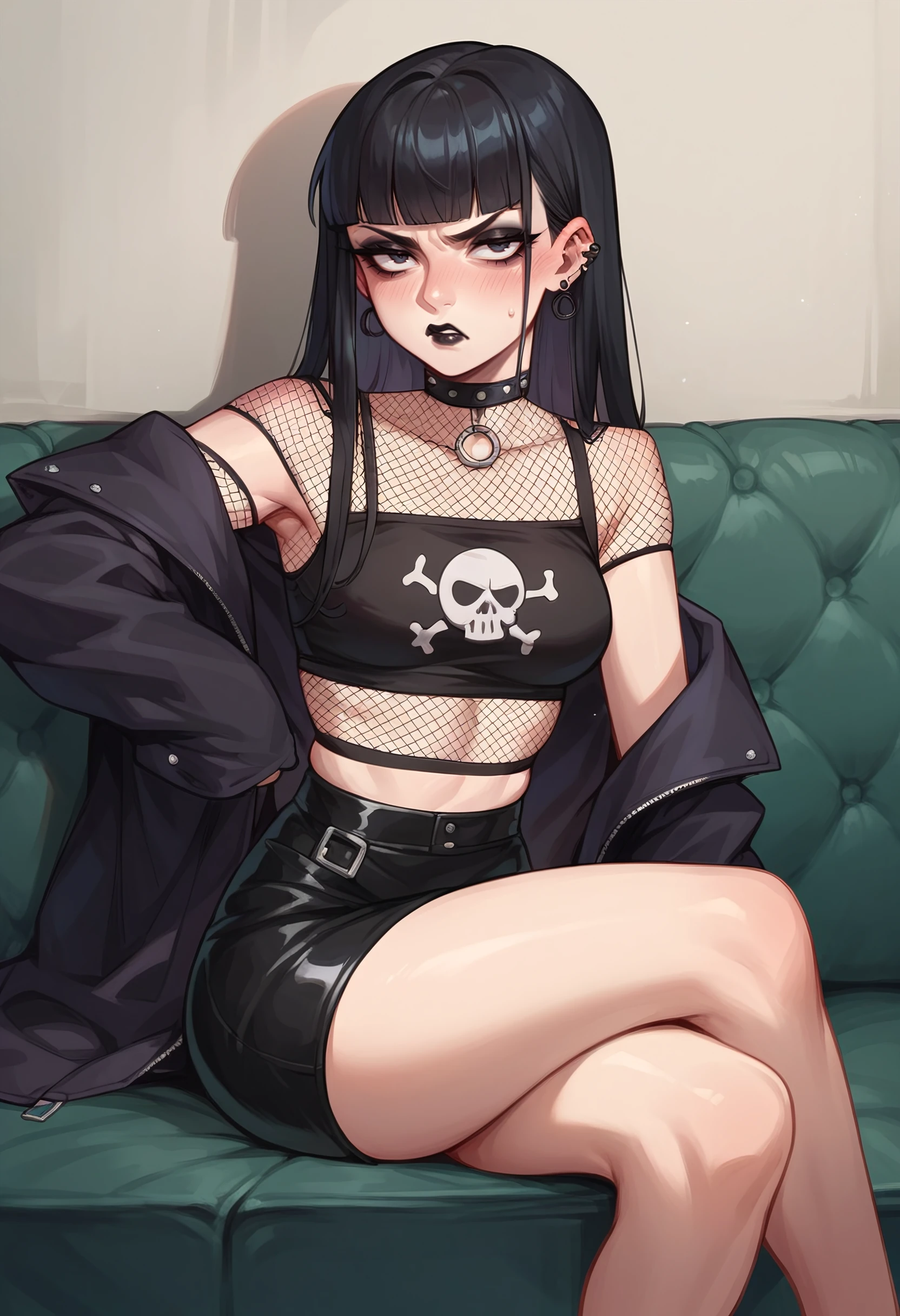 score_9, score_8_up, score_7_up,score_6_up,1girl,goth girl,black hair,blunt bangs,fishnet,skirt,black crop top,sitting on couch,dark room,black lipstick,earrings,annoyed expression,blushing