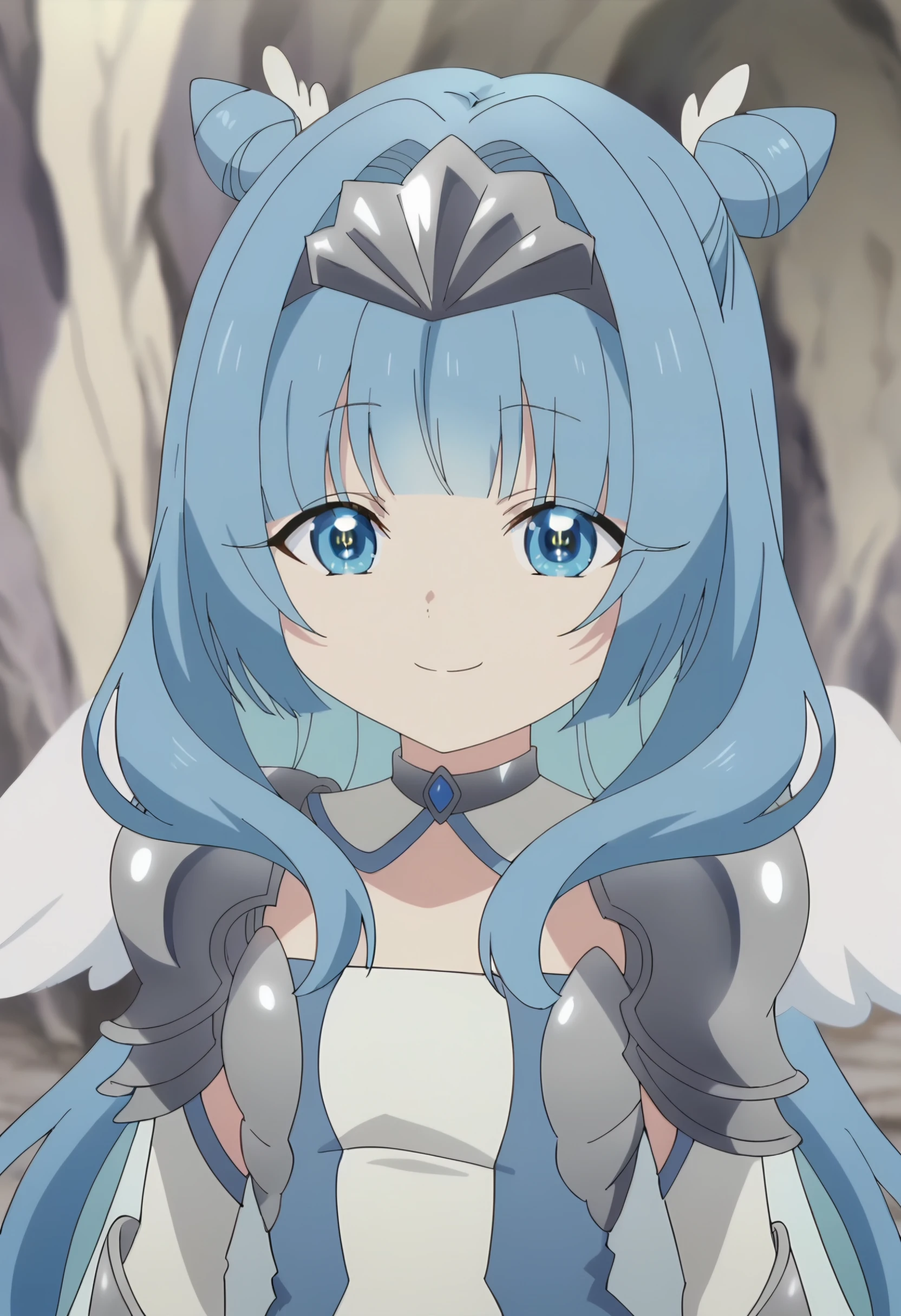 <lora:Sylphy2:0.9> Sylphy,  1girl, blue eyes, blue hair,  long hair, wings,double bun,   hair bun, solo , shoulder armor, looking at viewer, upper body, smile, score_9, score_7_up,anime coloring ,source_anime, anime, anime screencap